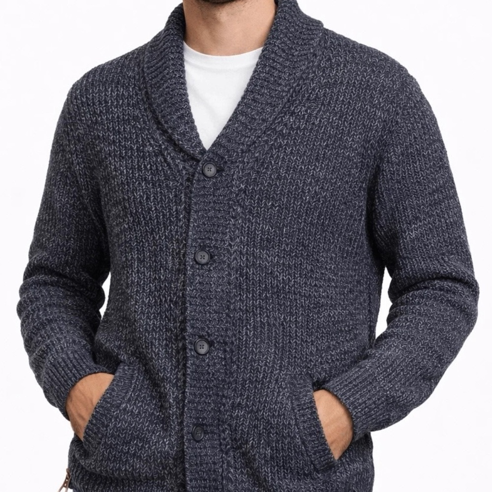 REISS Men's Blue Marled Shawl Collar 100% Cotton Knit Cardigan